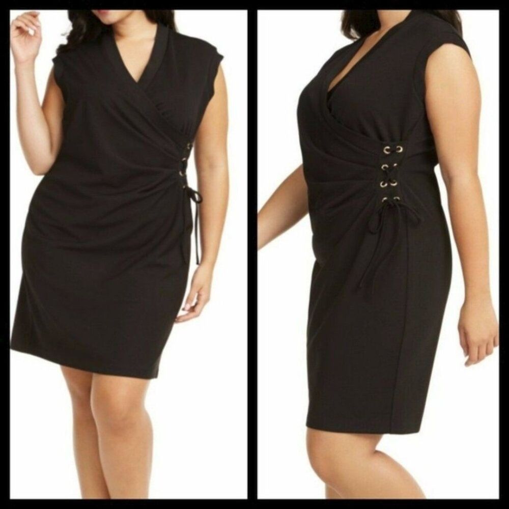 Anne Klein Plus Size 2X Black Side Lace Up Faux Wrap Sheath Dress NWT